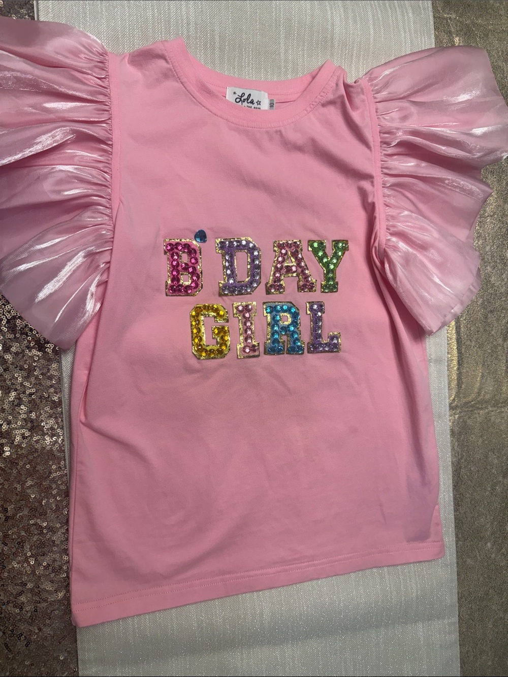 Lola + The Boys Pink Sequin "B'DAY GIRL" Puff Sleeve Tee